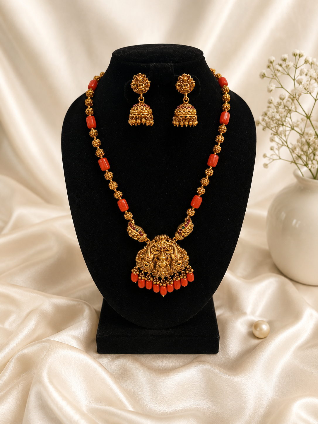 Viya Antique Coral Lakshmi Temple Pendant Set