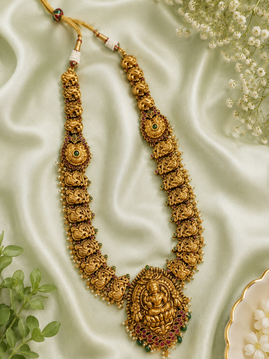 Manya Goddess Lakshmi Antique Gold Haram Set with Jhumkas