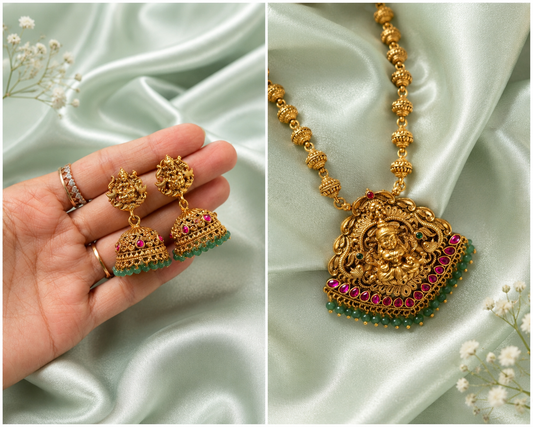 Ambika Antique Gold Temple Jewelry Set with Jhumkas