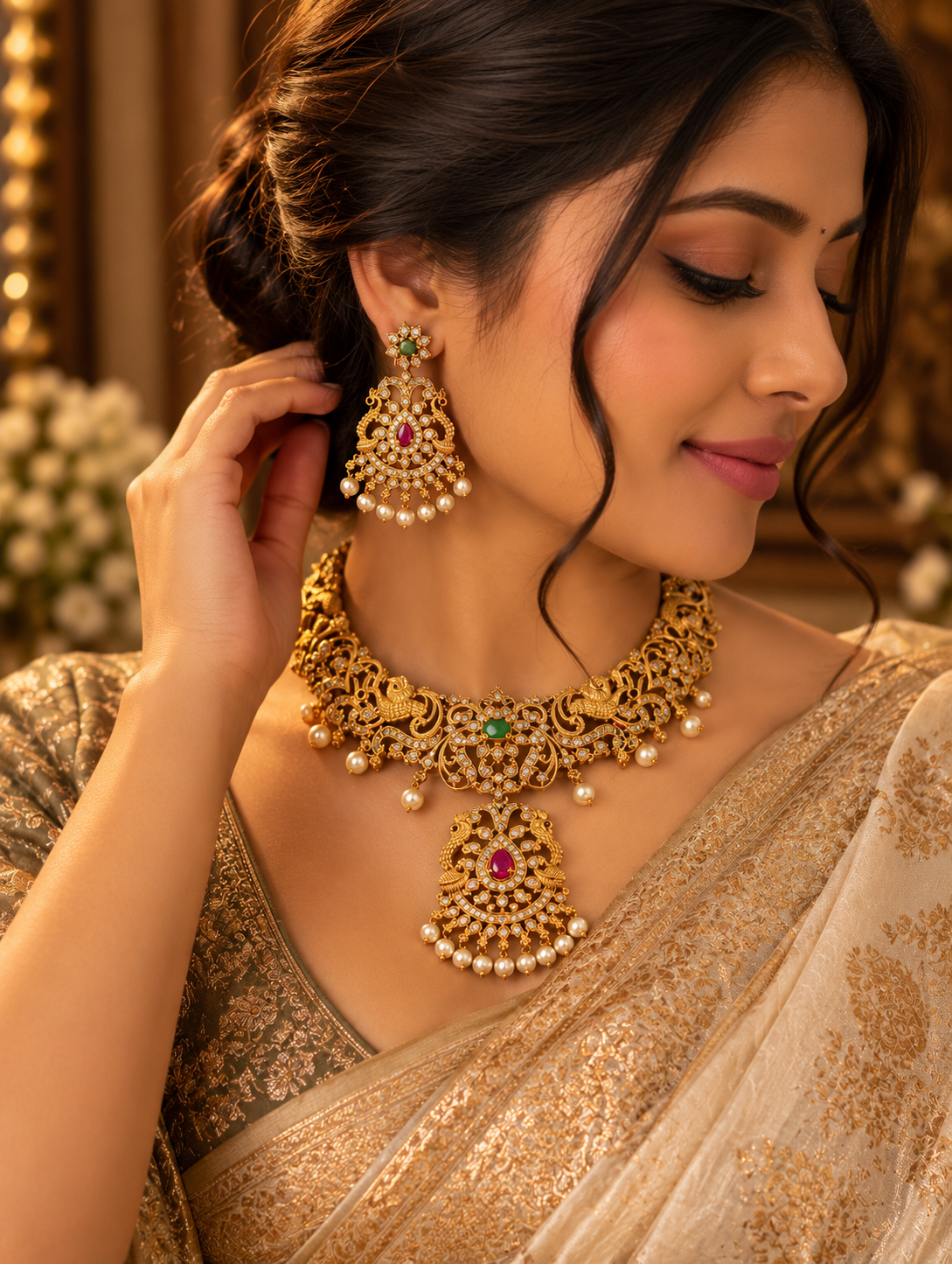 Antique Gold Peacock Choker Necklace Set with Ruby, Emerald & Pearl Drops