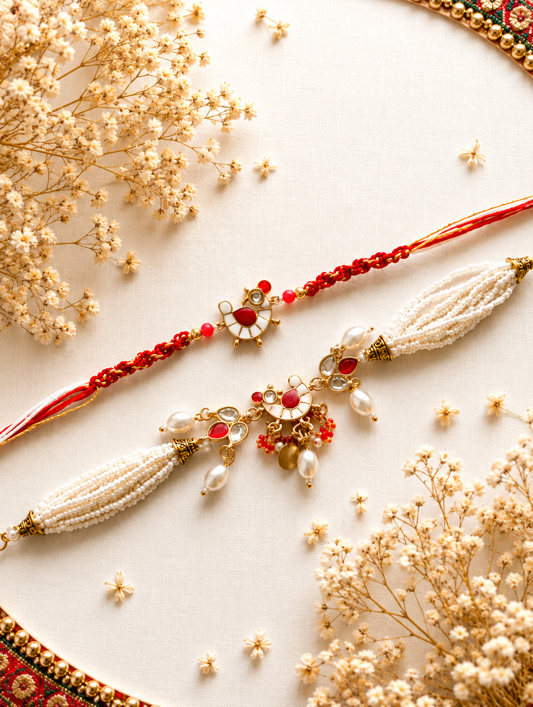 Handcrafted Pearl Lumba and Rakhi Set for Bhaiya Bhabhi (set of 2) | Pair rakhi