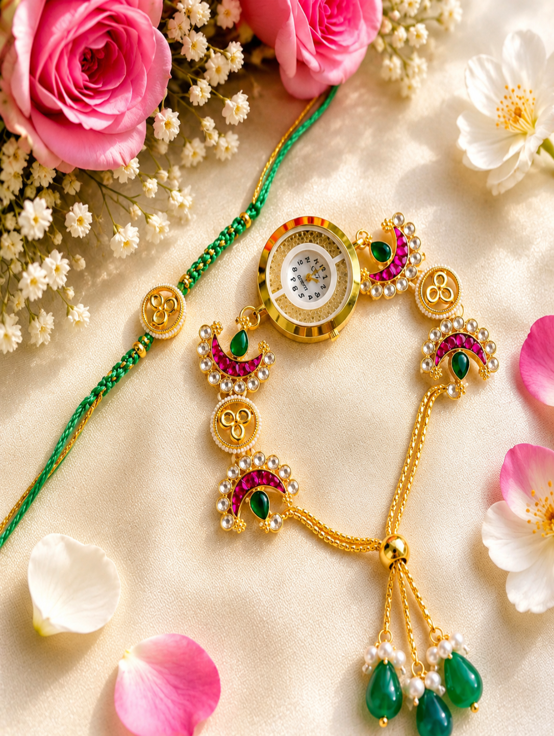 A handcrafted gold watch-style Lumba Rakhi featuring a round analog watch dial face adorned with pink, green, and white stone charms on a gold chain.