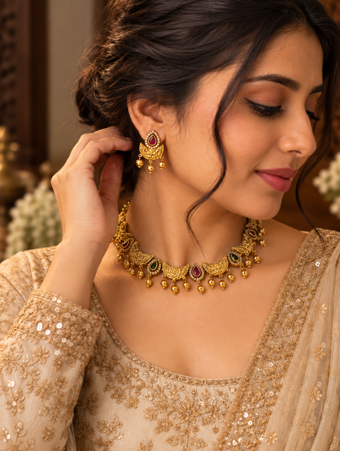A woman wearing an ornate gold-toned traditional necklace with matching drop earrings, styled with a beige embroidered blouse and dupatta.