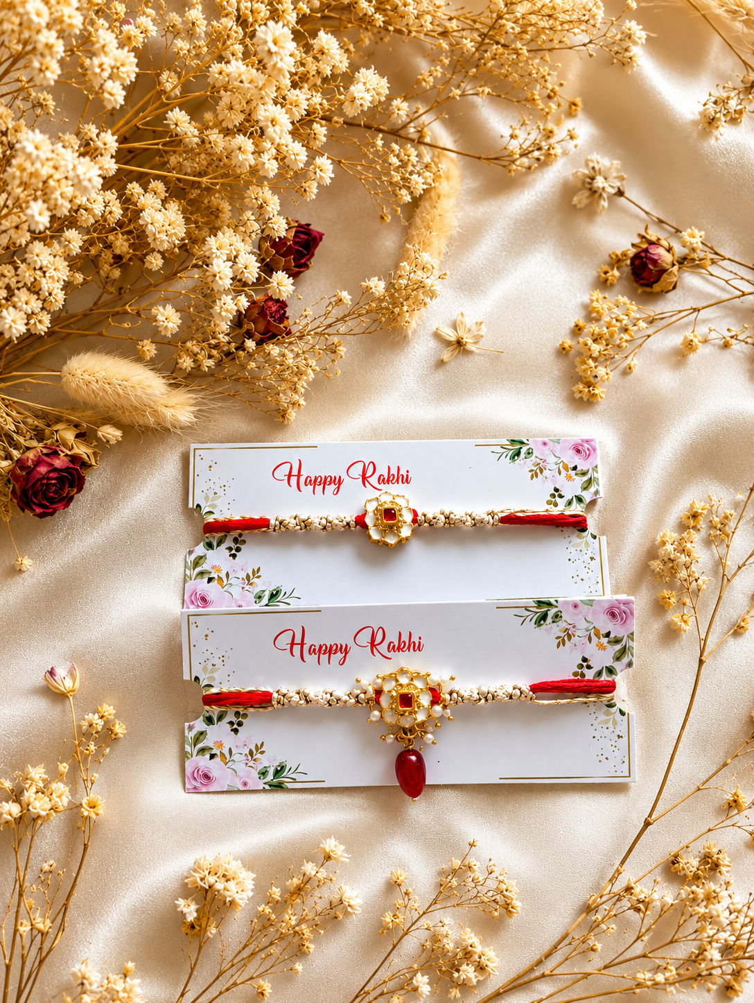 Two handcrafted designer Rakhis featuring gold Kundan floral centerpieces, ruby red stones, and braided red threads on floral 'Happy Rakhi' presentation cards.