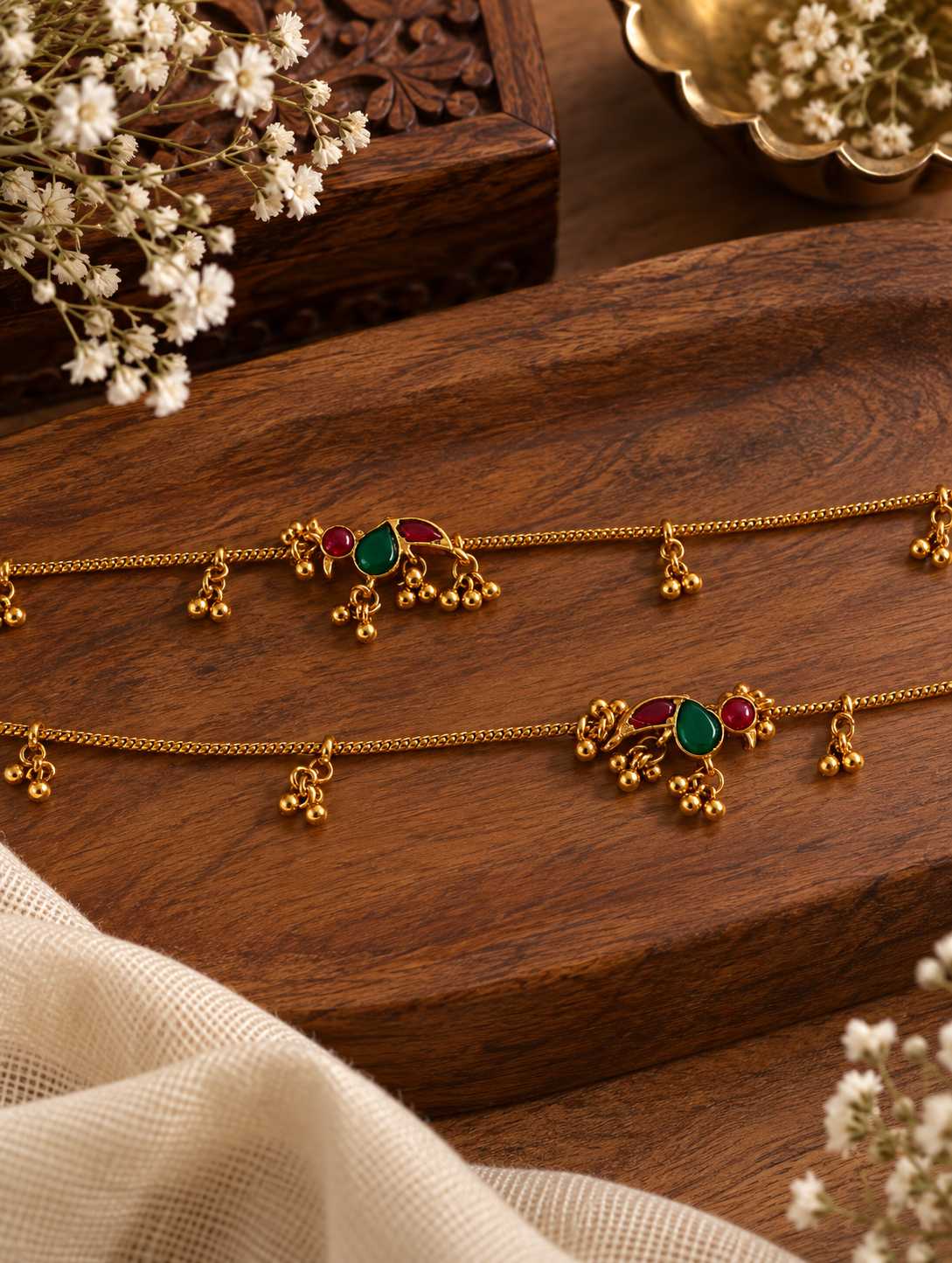 Traditional Gold Peacock Anklets with Ruby & Emerald Stones | Payal Pair