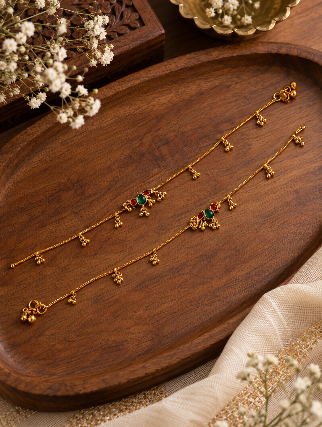 Traditional Gold Peacock Anklets with Ruby & Emerald Stones | Payal Pair