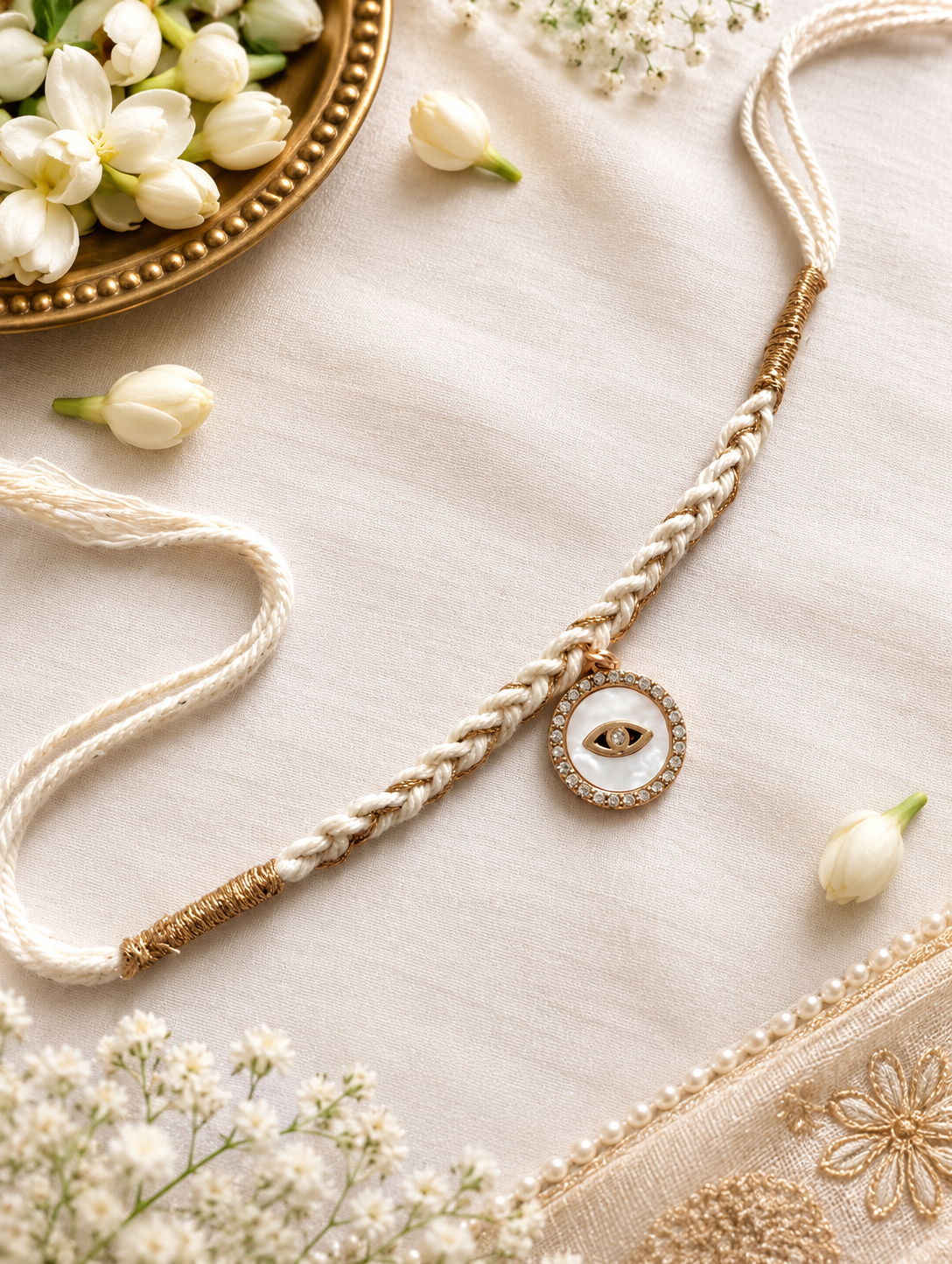 A braided cream and gold string rakhi with a circular eye-of-providence pendant, styled on a cream fabric with white tulips and a gold plate.