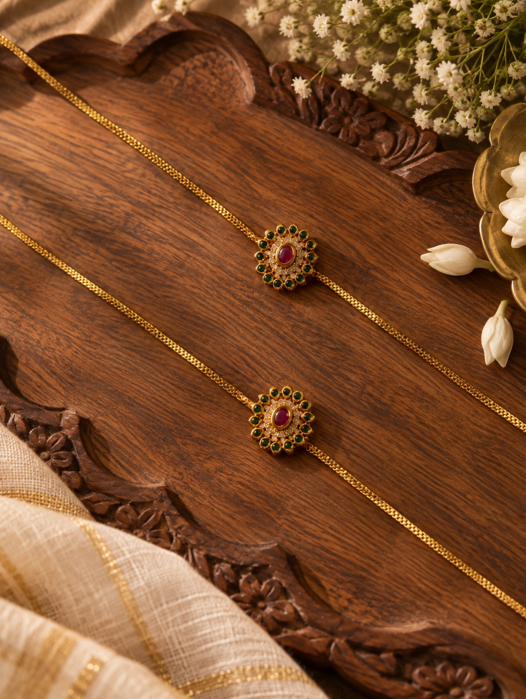 Pair of traditional gold-plated floral Kundan anklets with green and red gemstone floral pendants displayed on a carved wooden tray.