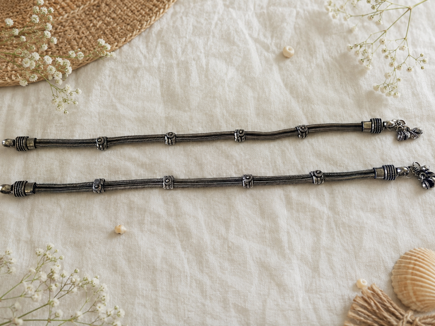 Noorani Oxidized Silver Layered Anklets (Pair)