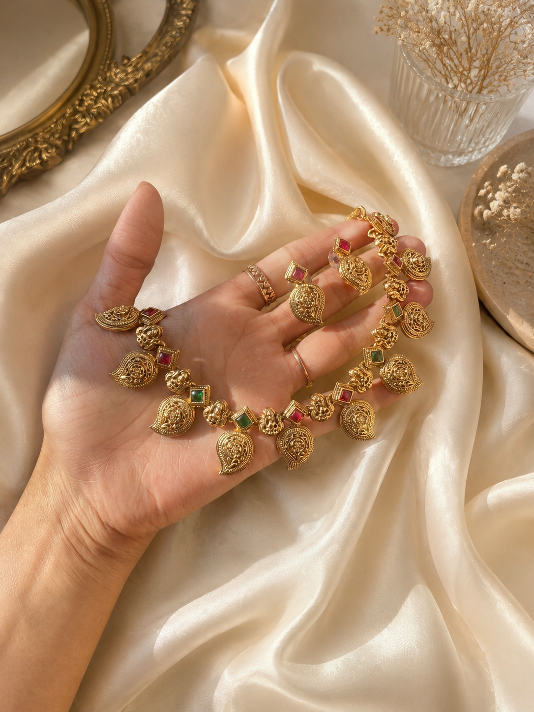 A traditional South Indian antique gold-plated jewelry set held in a hand over cream satin fabric, featuring a necklace adorned with intricate paisley mango (manga malai) design charms alternating with square-cut pink and green kemp stones, complete with matching drop earrings.
