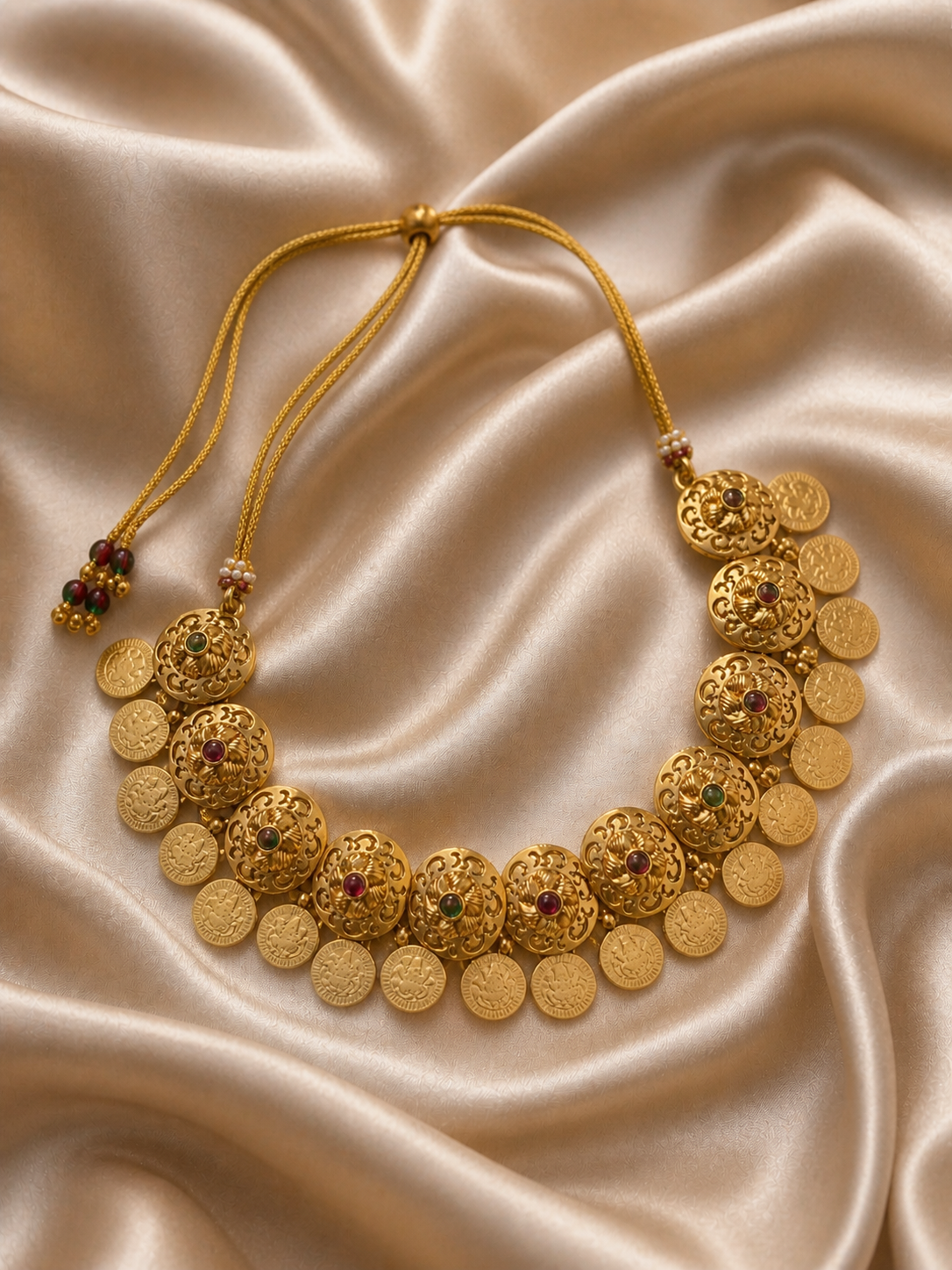 A traditional South Indian antique gold-plated coin necklace (Kasu Mala) and matching drop earrings displayed on a black velvet bust against a cream satin background. The necklace features a row of overlapping engraved golden coins connected to domed floral spacers with red and green stone centers.