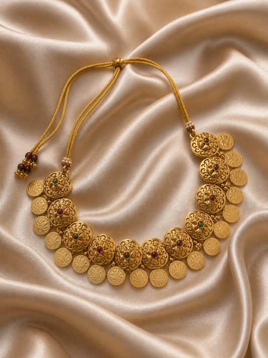 A traditional South Indian antique gold-plated coin necklace (Kasu Mala) and matching drop earrings displayed on a black velvet bust against a cream satin background. The necklace features a row of overlapping engraved golden coins connected to domed floral spacers with red and green stone centers.