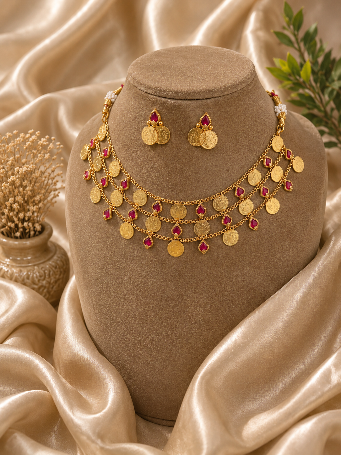 A multi-layered traditional South Indian jewelry set displayed on a tan velvet bust, featuring a three-strand gold-plated chain adorned with small hanging Lakshmi coins (Kasu Mala) and tiny pointed pink kemp stone drops, completed by matching mini coin earrings.