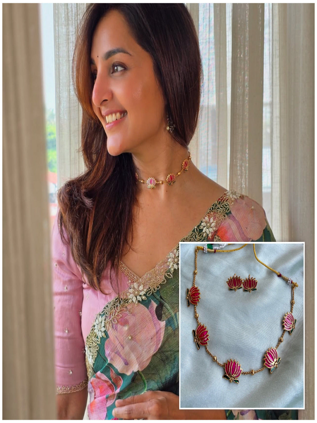 A traditional South Indian antique gold-plated jewelry set laid out on a cream satin fabric, featuring a short necklace made of connected floral coin medallions with an engraved Goddess Lakshmi motif at the center, paired with matching drop earrings.