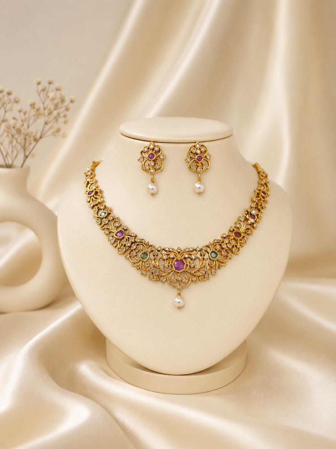 A delicate traditional antique gold-plated jewelry set displayed on a cream-colored mannequin bust against a champagne satin fabric background. The necklace features intricate, openwork floral filigree patterns accented with tiny white stones, pink and green kemp crystals, and a singular hanging white pearl drop at the center, completed by matching filigree drop earrings.