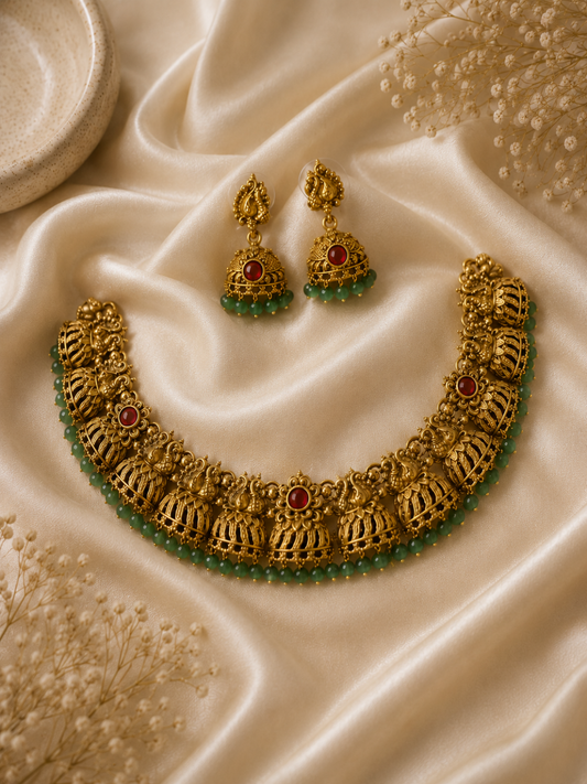 Nivya Antique Gold Jhumka Style Choker Necklace Set