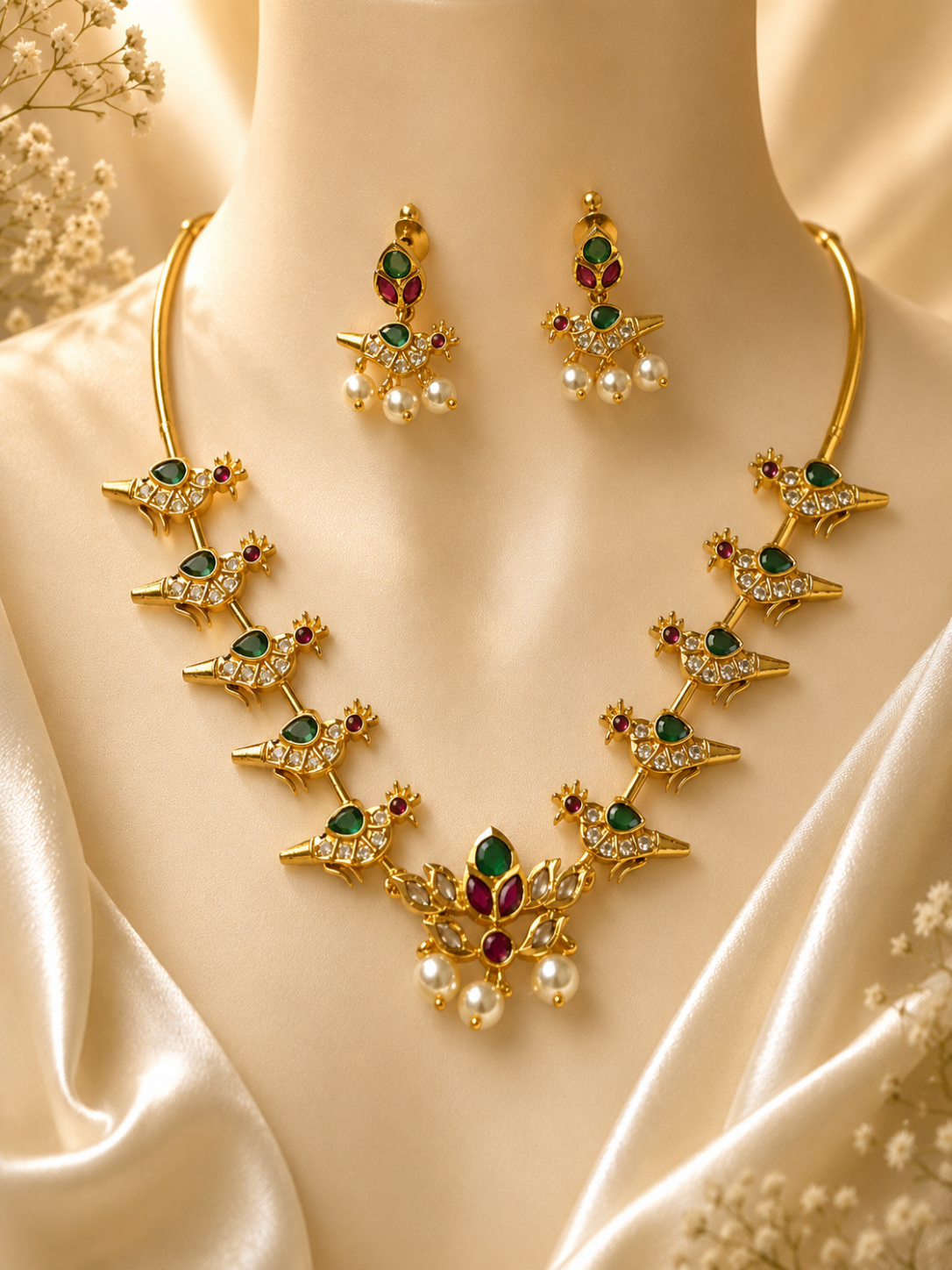A traditional gold-plated collar necklace featuring a series of stylized parrot motifs embedded with green, red, and white crystals, leading to a central floral pendant with hanging pearls. The set includes matching parrot-shaped drop earrings and is displayed on a cream-colored bust.