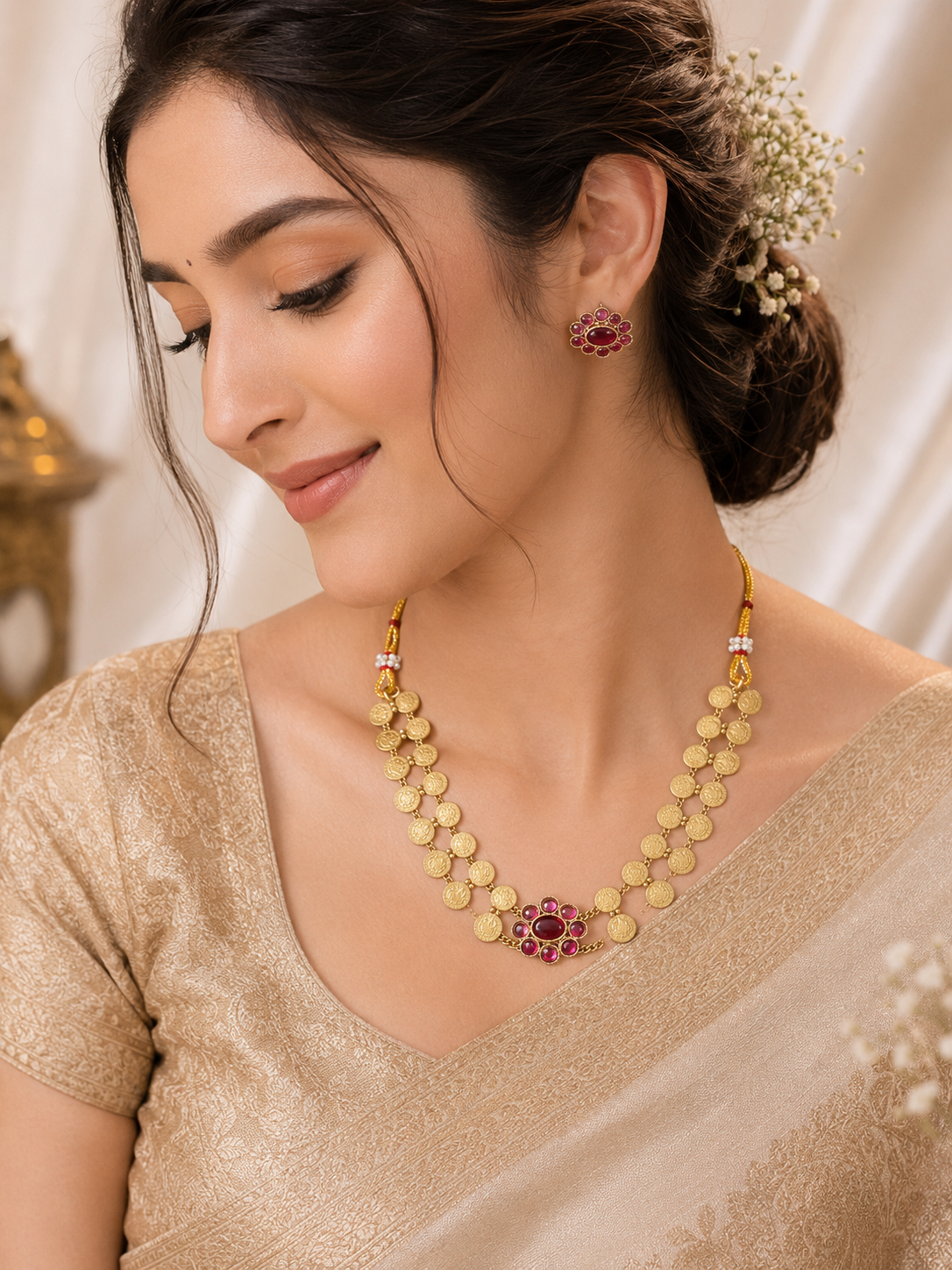 A women wearing Traditional South Indian style jewelry set featuring a double-layered antique gold coin necklace (Kasu Mala) linked to a central floral pendant set with pinkish-ruby stones. The set includes matching floral coin-edge stud earrings.