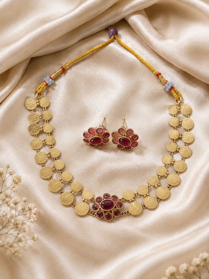 Suru Antique Gold Plated Coin Set with Ruby Stones