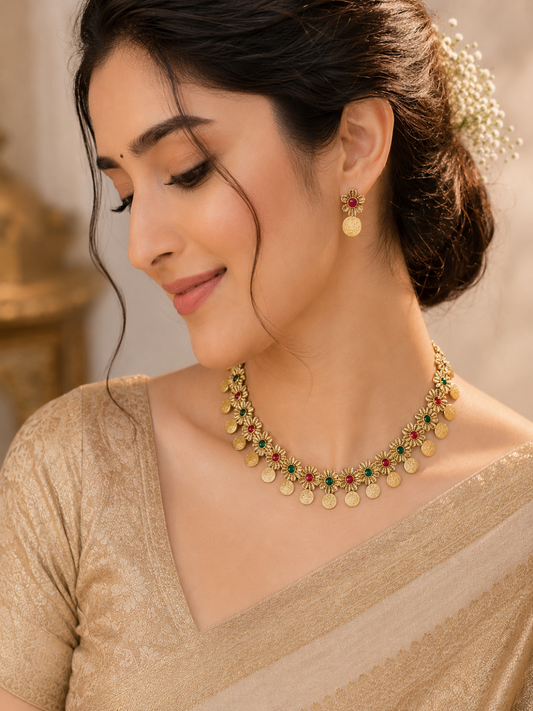 Women wearing Traditional antique gold-plated choker necklace featuring a continuous row of textured floral motifs embedded with alternating red and green kemp stones, finished with dangling gold coins along the edge. The set includes matching floral coin-drop earrings.