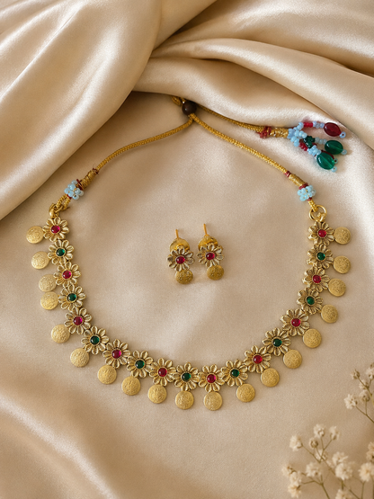 Vinaya Antique Gold Floral Coin Necklace Set