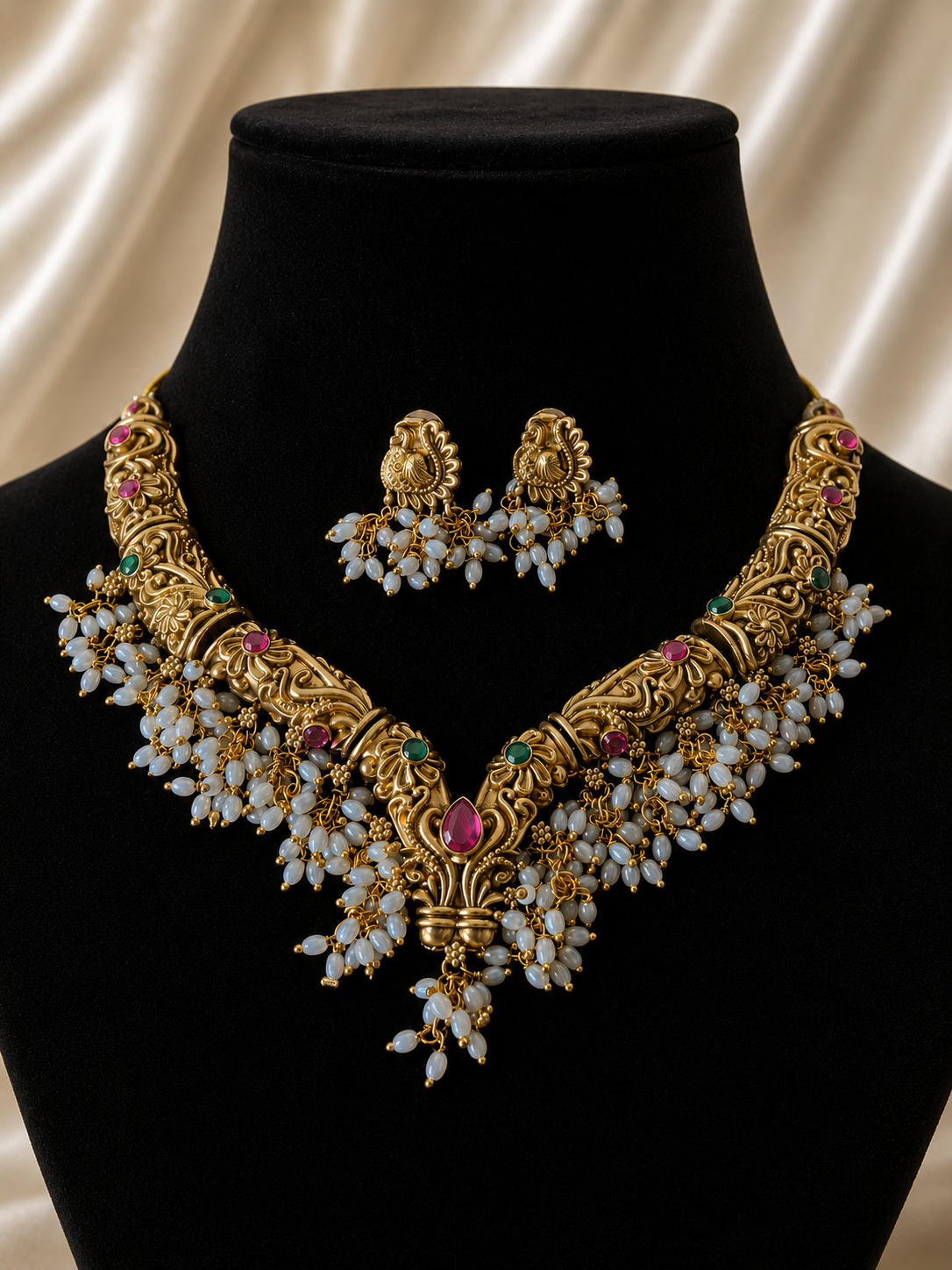 Traditional South Indian antique gold guttapusalu choker necklace featuring an intricate curved gold band studded with pink ruby and green emerald stones, densely fringed with clusters of small white seed pearls. The set is accompanied by matching pearl-fringed stud earrings, presented flat on smooth champagne satin.