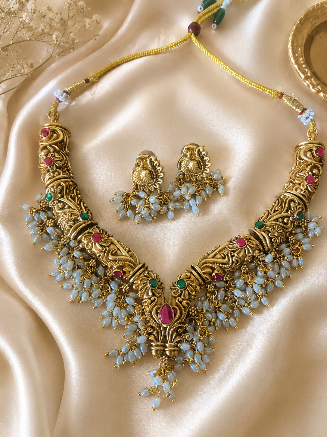 Bhavya Antique Gold Guttapusalu Choker Necklace Set