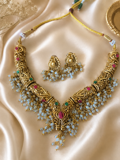 Bhavya Antique Gold Guttapusalu Choker Necklace Set