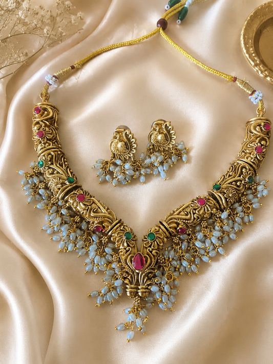 Bhavya Antique Gold Guttapusalu Choker Necklace Set