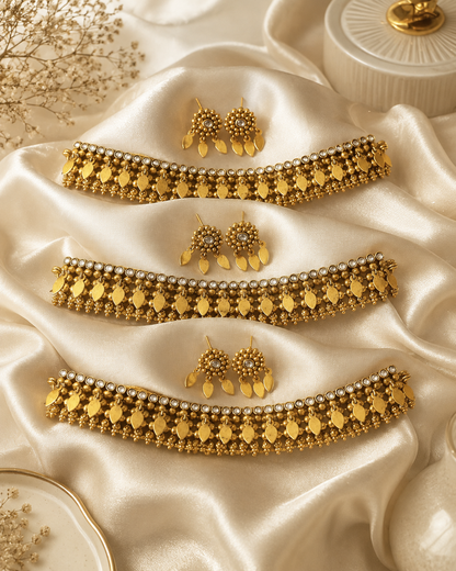 Poonam Antique Gold Elakkathali Choker Set with White Stones
