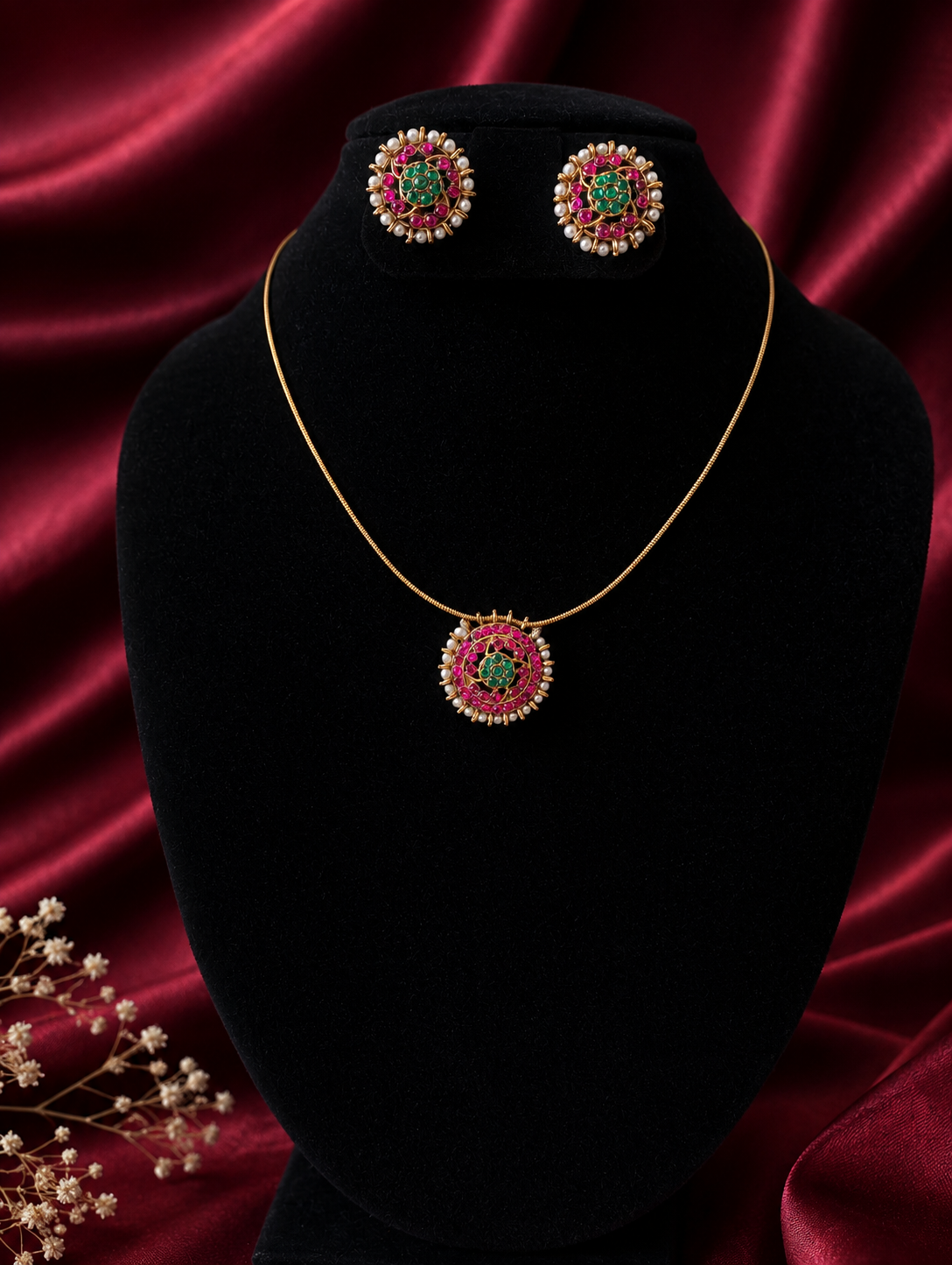 Tejasvi minimalist jewelry set featuring a gold-toned thin chain necklace with a small round floral Kemp pendant inlaid with ruby-pink and green stones and a seed pearl trim, displayed on a black velvet bust against a magenta satin fabric backdrop with matching round stud earrings.
