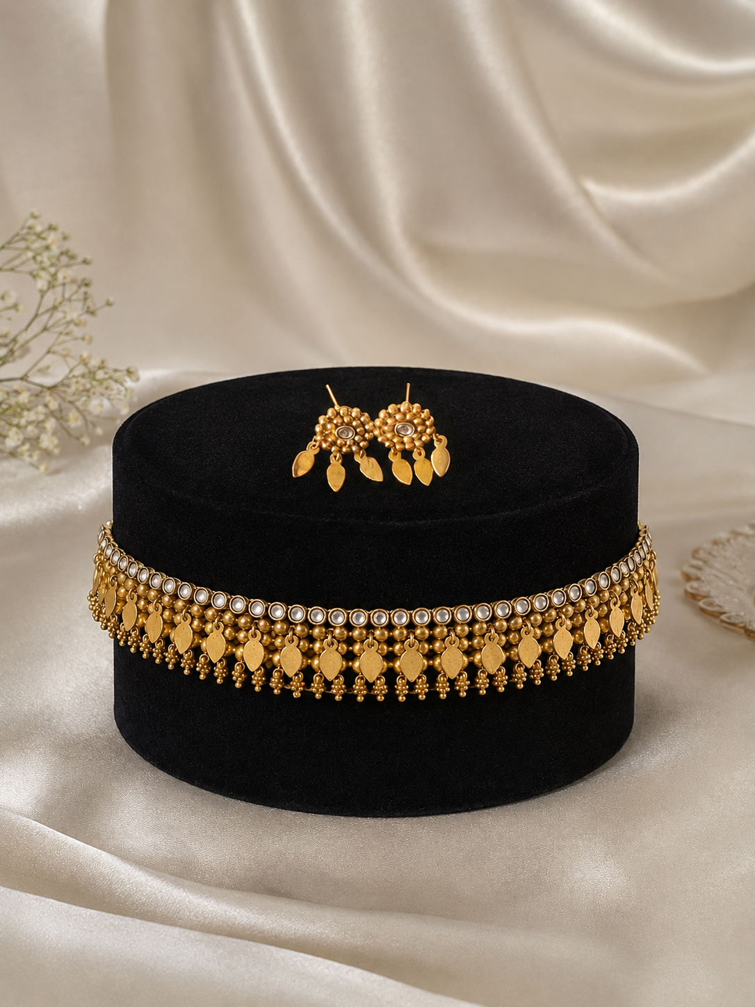 Traditional antique gold-plated elakkathali choker necklaces arranged horizontally on ivory satin. Choker features a row of small clear white stones, intricate gold beadwork, and hanging leaf-shaped charms, paired with matching cluster stud earrings with leaf drops.