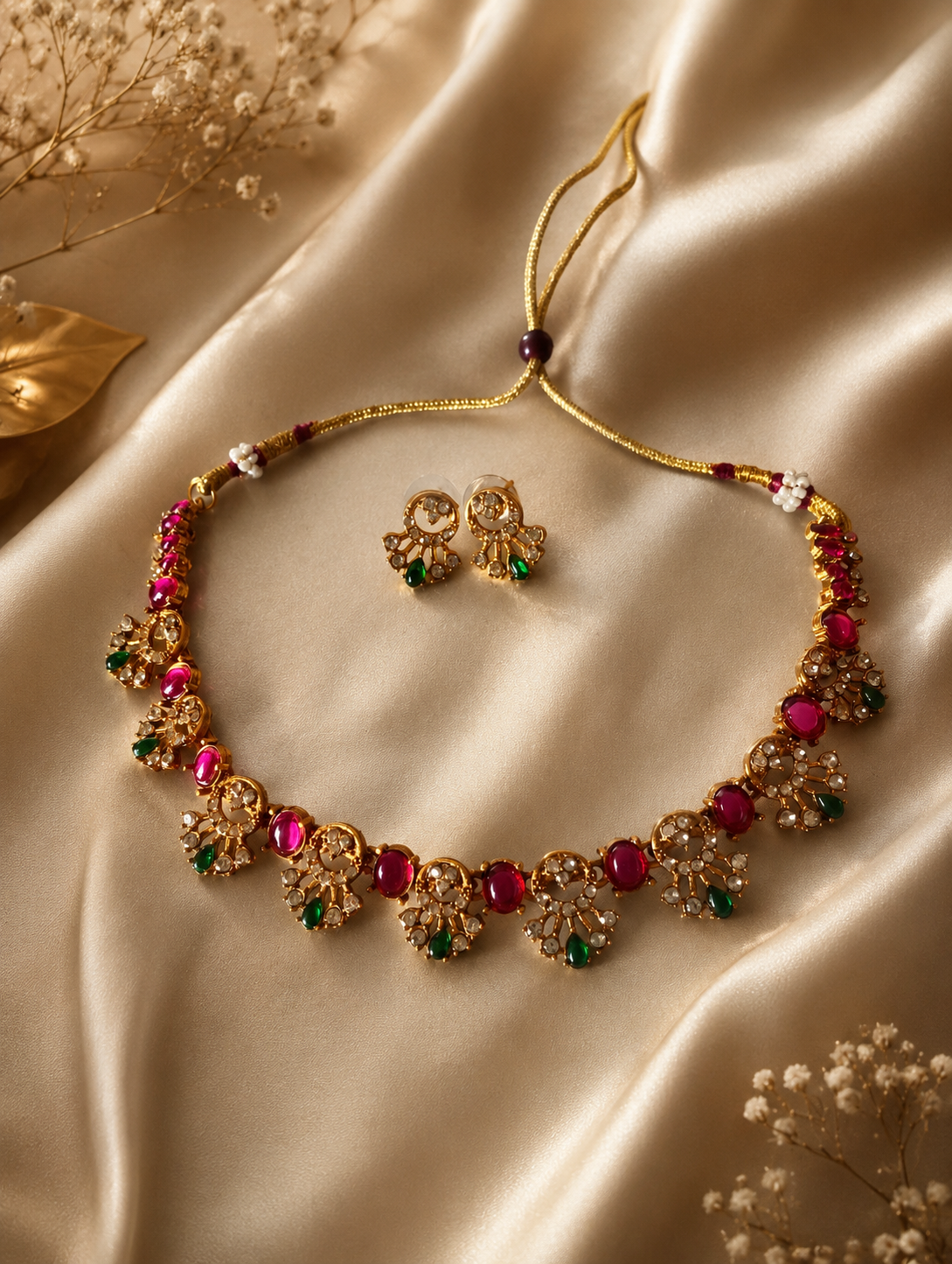 Sumana traditional jewelry set featuring an antique gold-finished choker necklace set with smooth cabochon ruby-pink kemp stones, crescent-shaped clear crystal floral patterns, and hanging green teardrop accents, laid flat on champagne satin silk with matching fan-shaped stud earrings.
