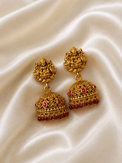Traditional Maroon Beaded Temple Jewelry Set with Jhumkas