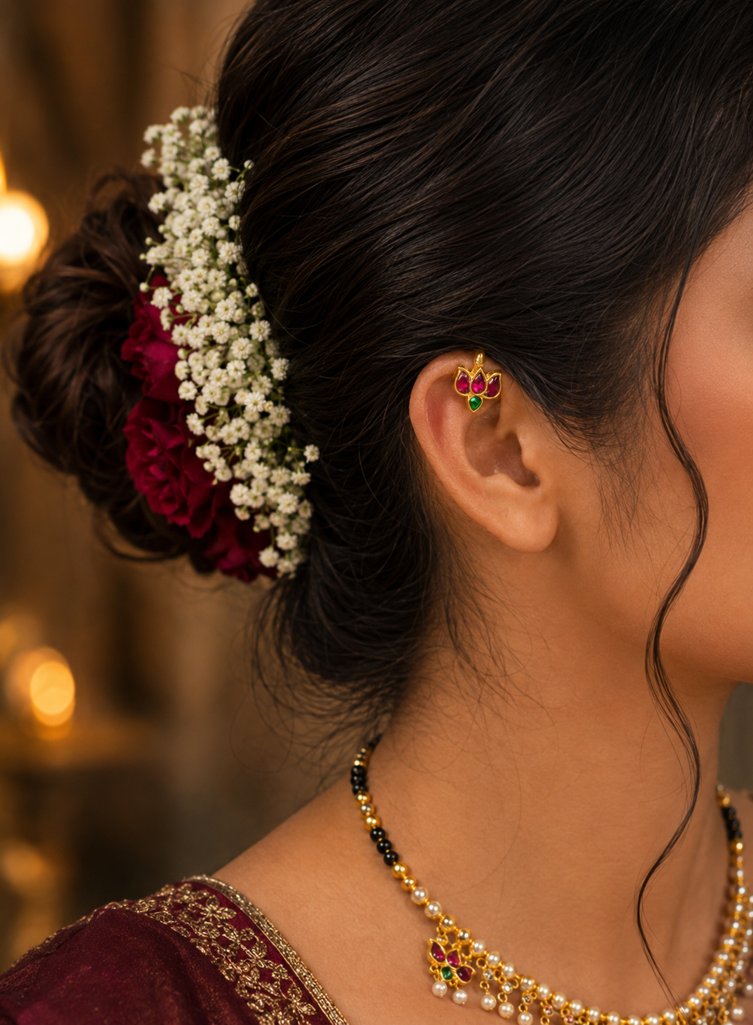 A side profile of a woman wearing a mini gold lotus bugudi ear cuff on her upper ear cartilage, beautifully styled with a traditional low hair bun adorned with white baby's breath flowers and red roses.