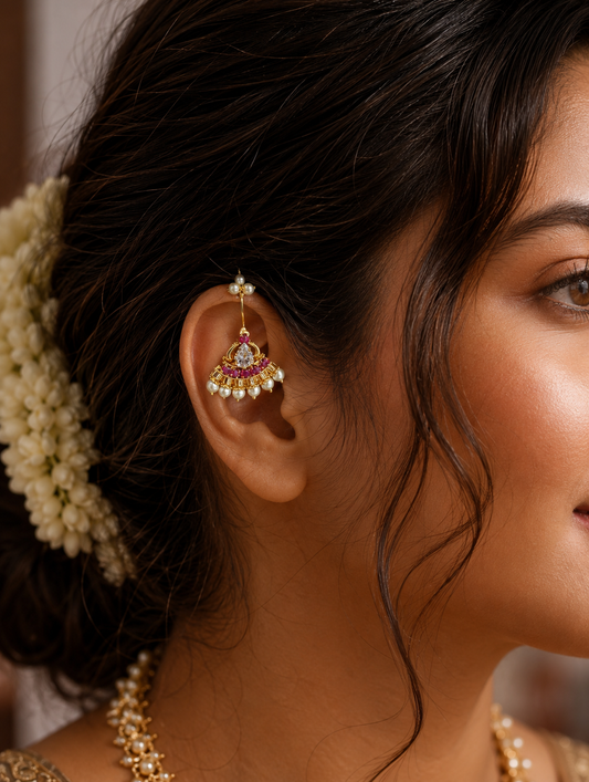 Side profile of a woman wearing a traditional gold-plated Maharashtrian Bugudi ear cuff adorned with a teardrop CZ stone, ruby accents, and pearls on her upper ear helix.