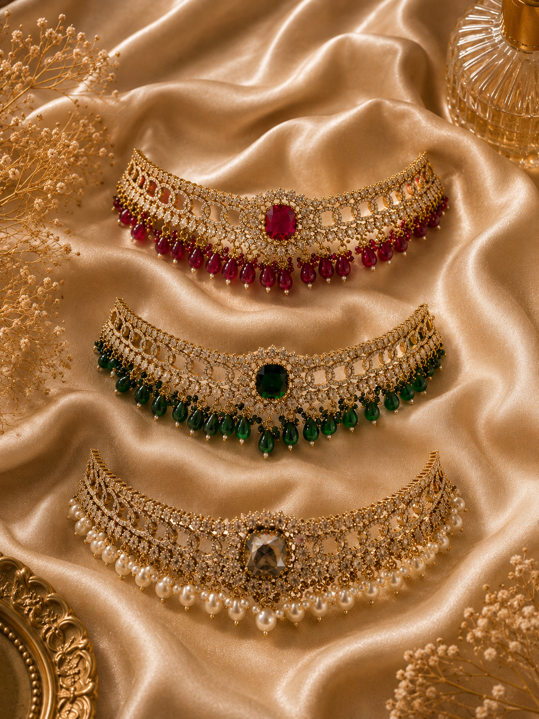 Three elegant gold-plated bridal choker necklaces displayed vertically on a shimmering champagne satin fabric, showcasing different color variants: the top necklace features ruby red hanging beads, the middle features emerald green beads, and the bottom features delicate dangling pearls.
