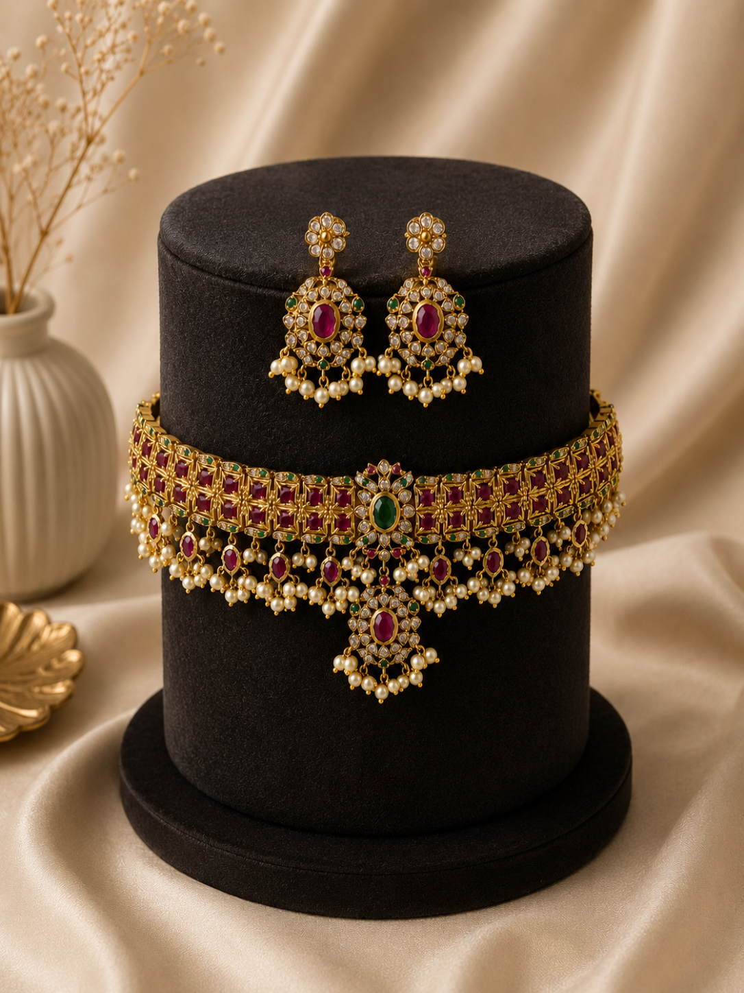 A royal antique gold-plated kemp choker necklace and matching drop earrings displayed on a black cylindrical stand against a cream satin background. The set features a patterned wide collar band embedded with ruby red stones, a center emerald green crystal, and a fringe of hanging pearls.