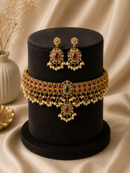 A royal antique gold-plated kemp choker necklace and matching drop earrings displayed on a black cylindrical stand against a cream satin background. The set features a patterned wide collar band embedded with ruby red stones, a center emerald green crystal, and a fringe of hanging pearls.