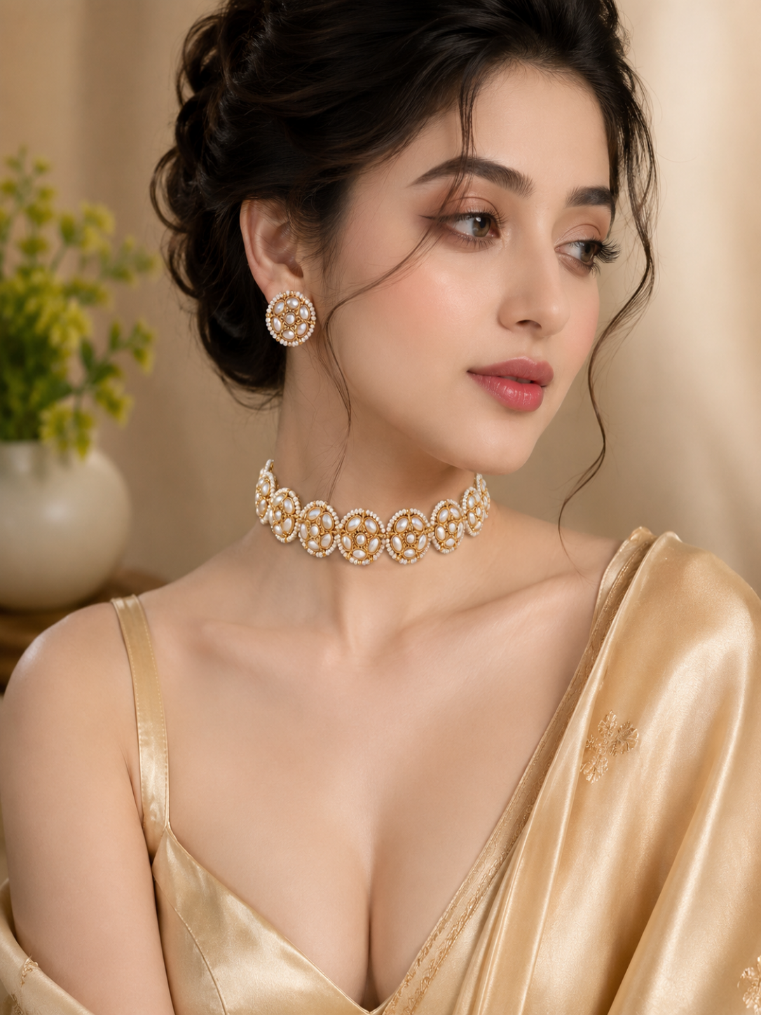 An elegant vintage-style jewelry set featuring a choker necklace made of connected circular gold-plated floral medallions filled with white pearls, paired with matching round button stud earrings.