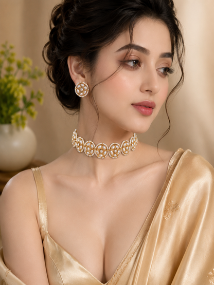 An elegant vintage-style jewelry set featuring a choker necklace made of connected circular gold-plated floral medallions filled with white pearls, paired with matching round button stud earrings.