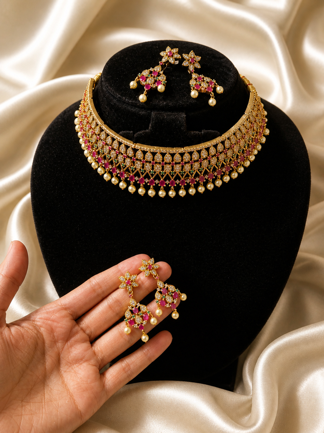 Pinky Elegant Antique Kemp Choker Set with Pearls