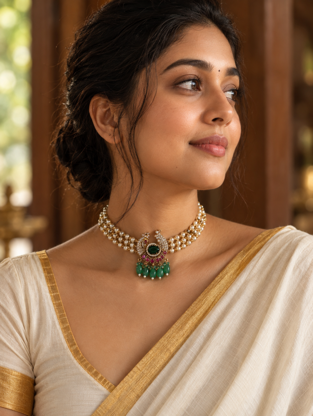A woman wearing a traditional Indian cream-colored saree with gold borders and a statement necklace featuring white pearls, a central green stone, and dangling green beads.