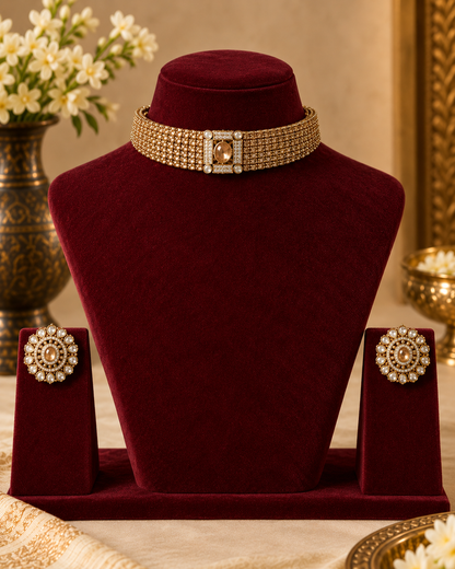 Gold-Plated Fine Pearl Strand Choker Necklace Set with Amber Kundan Centerpiece & Floral Stud Earrings