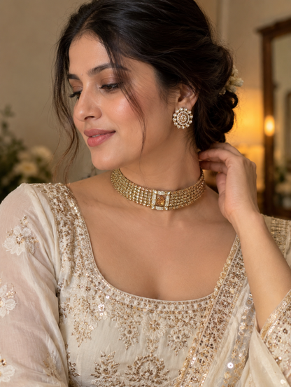 Gold-Plated Fine Pearl Strand Choker Necklace Set with Amber Kundan Centerpiece & Floral Stud Earrings