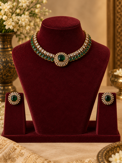 Gold-Plated Emerald Green & Cubic Zirconia Choker Necklace Set with Sunburst Stud Earrings