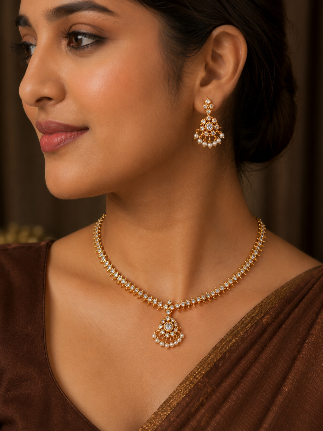Close-up of a woman in a brown saree wearing a delicate gold-plated choker necklace studded with small clear crystals, featuring a central cluster pendant with hanging mini pearls and matching drop earrings.