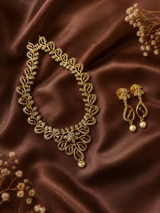 Lekha Gold Leaf Motif Cz Necklace Set
