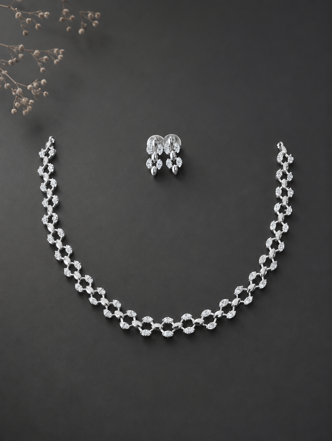 Meena Silver Diamond Necklace & Earrings Set | Elegant Bridal Jewelry