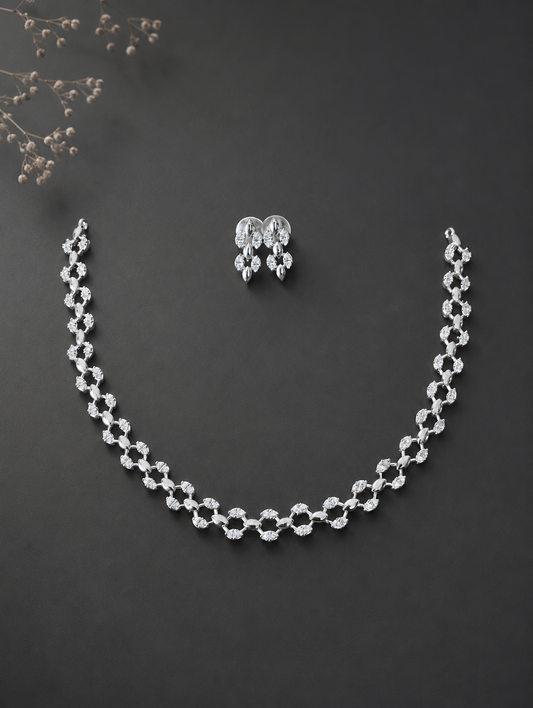 Meena Silver Diamond Necklace & Earrings Set | Elegant Bridal Jewelry